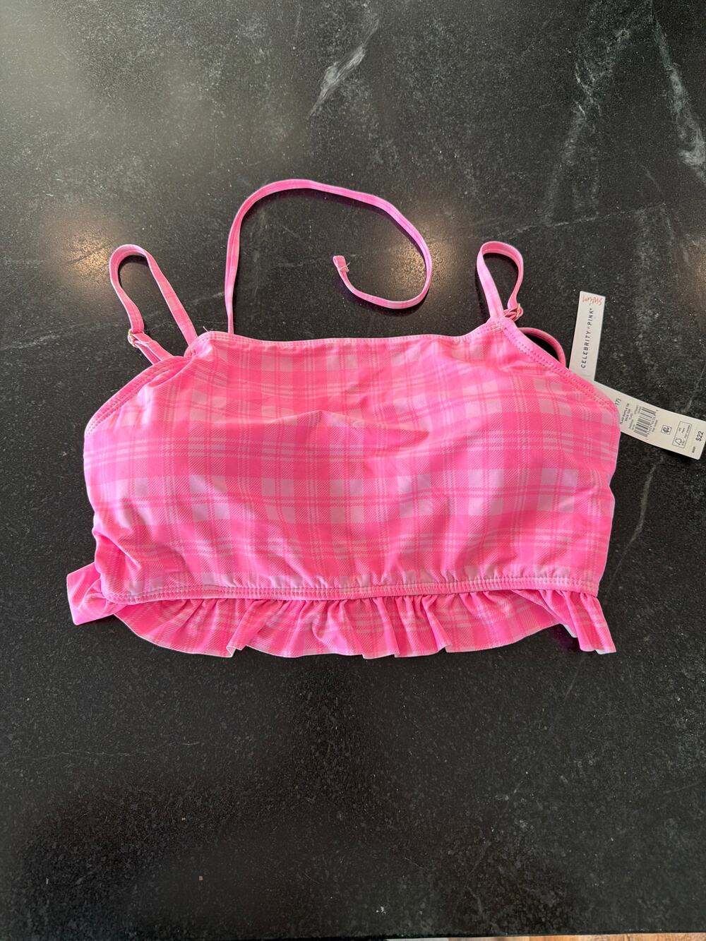 NWT Celebrity Pink Swim Pink Gingham Adj bikini top XL 15/17